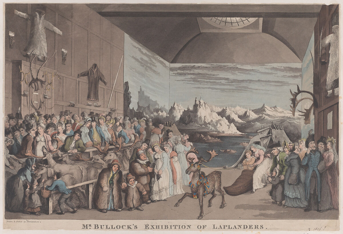 Mr. Bullock's Exhibition of Laplanders, Thomas Rowlandson (British, London 1757–1827 London), Hand-colored aquatint and etching 