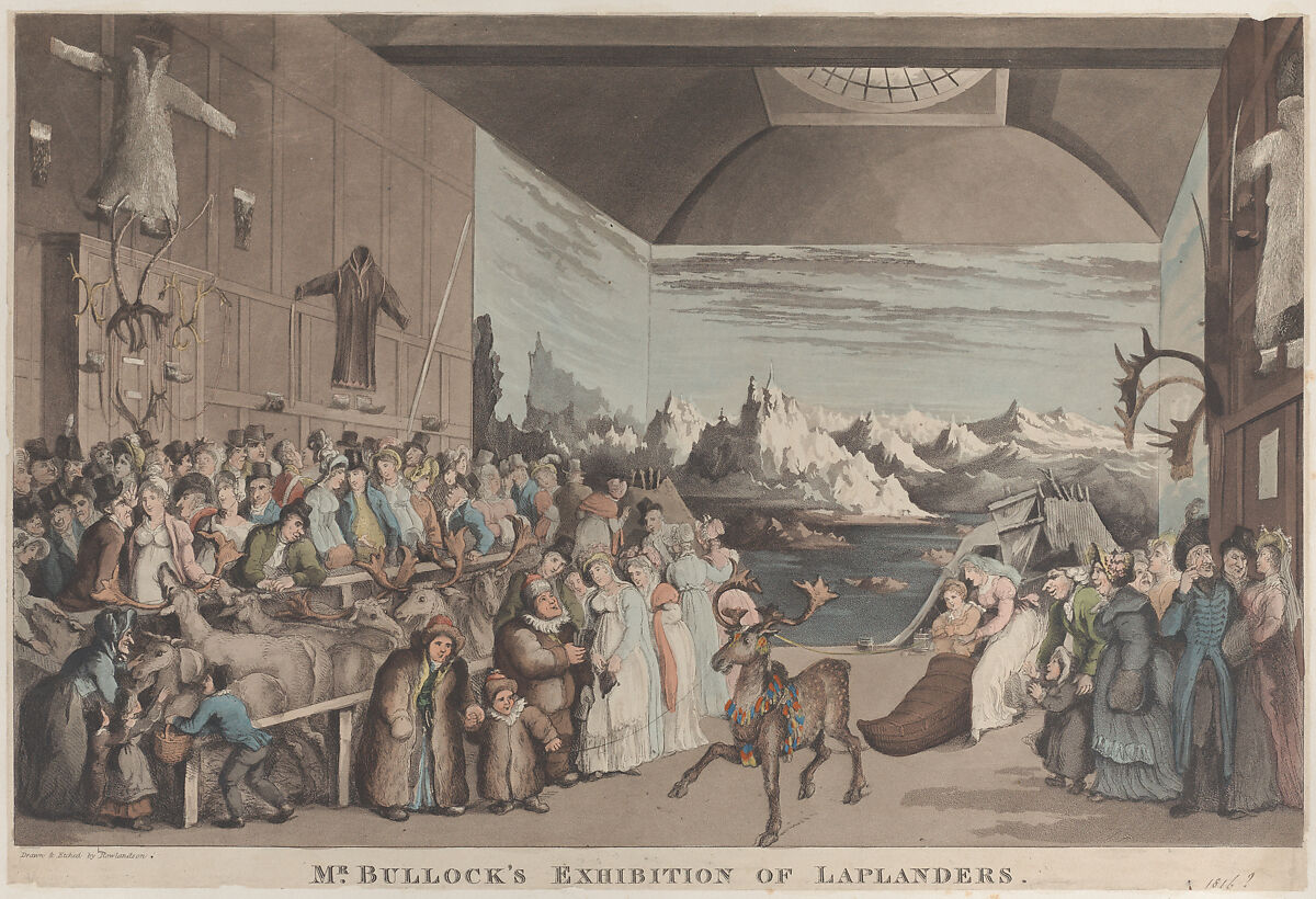 Mr. Bullock's Exhibition of Laplanders, Thomas Rowlandson (British, London 1757–1827 London), Hand-colored aquatint and etching