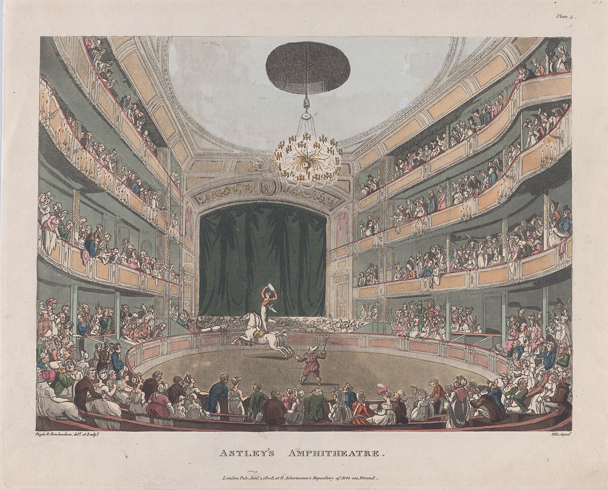 Astley's Amphitheatre, Designed and etched by Thomas Rowlandson (British, London 1757–1827 London), Hand-colored etching and aquatint 