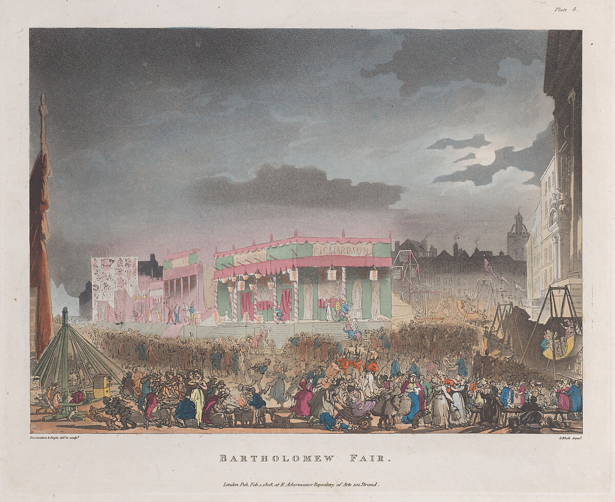Bartholomew Fair, Designed and etched by Thomas Rowlandson (British, London 1757–1827 London), Hand-colored etching and aquatint 