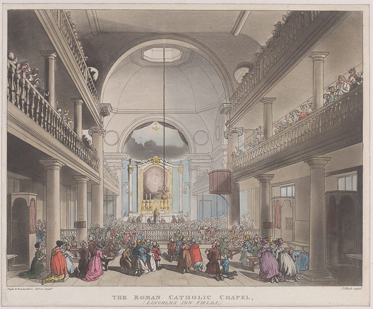 The Roman Catholic Chapel, Lincoln's Inn Fields, Designed and etched by Thomas Rowlandson (British, London 1757–1827 London), Hand-colored etching and aquatint 