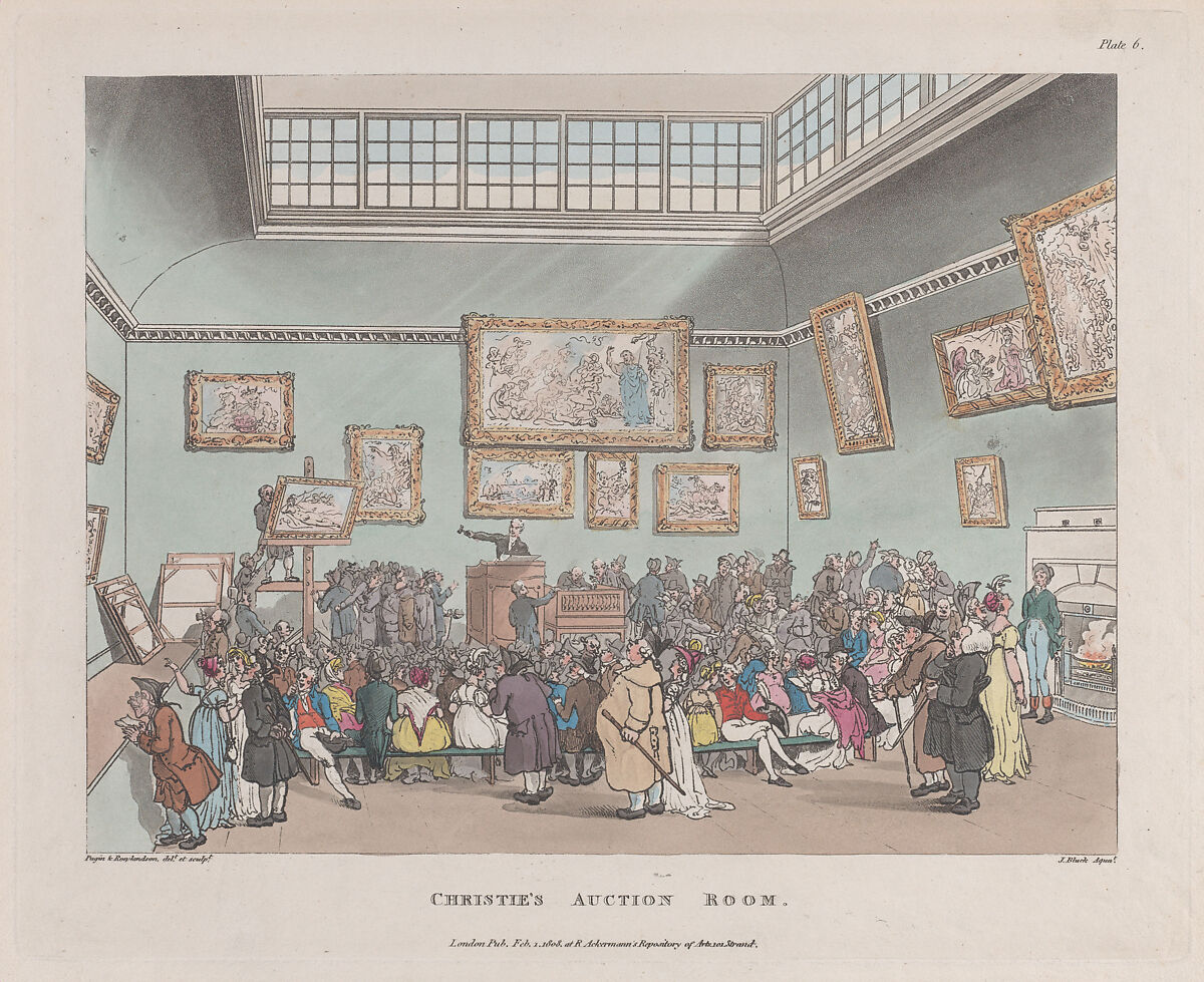 Christie's Auction Rooms, Designed and etched by Thomas Rowlandson (British, London 1757–1827 London), Hand-colored etching and aquatint 