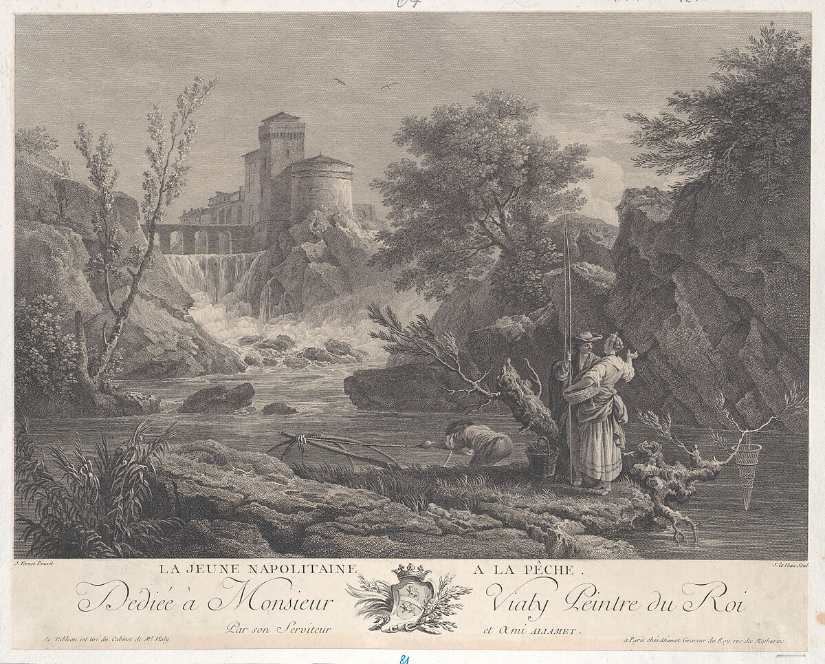 Young Neapolitan Woman Fishing, After Joseph Vernet (French, Avignon 1714–1789 Paris), Engraving 