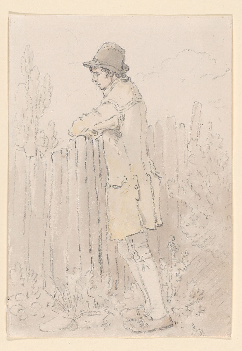 A young man leaning on a fence, William Alexander (British, Maidstone, Kent 1767–1816 Maidstone, Kent), Watercolor and graphite 