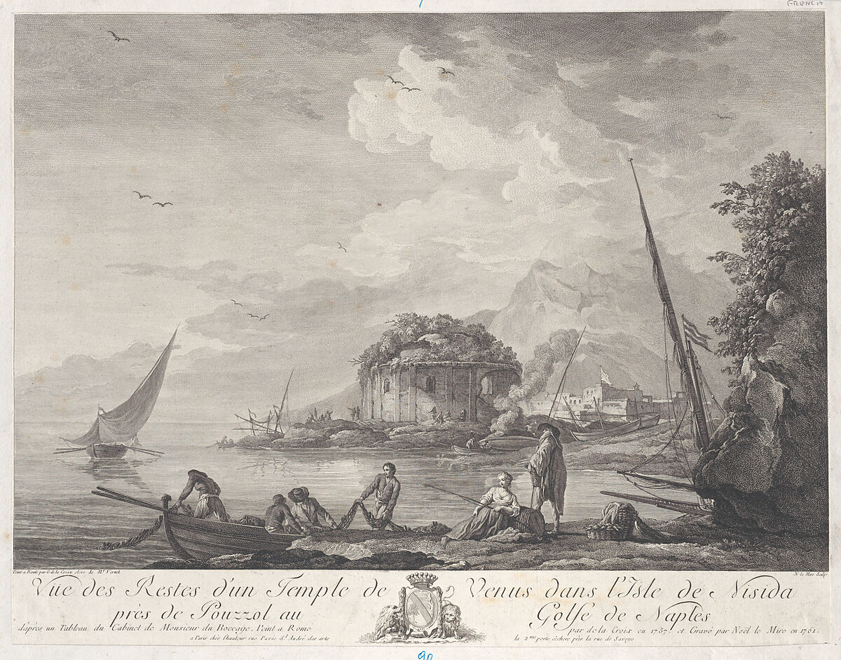 View of the Remains of the Temple of Venus on the Isle of Nisida Close to Pouzzol on the Gulf of Naples, After Charles François Grenier de Lacroix (French, Marseille 1700?–1782 Berlin), Engraving 