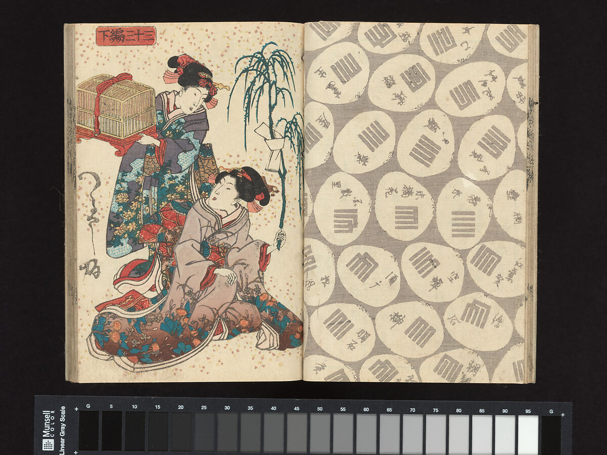A Fraudulent Murasaki’s Rustic Genji  by Ryūtei Tanehiko, Utagawa Kunisada (Japanese, 1786–1864), Set of nineteen woodblock-printed booklets; ink on paper, color-printed covers, Japan