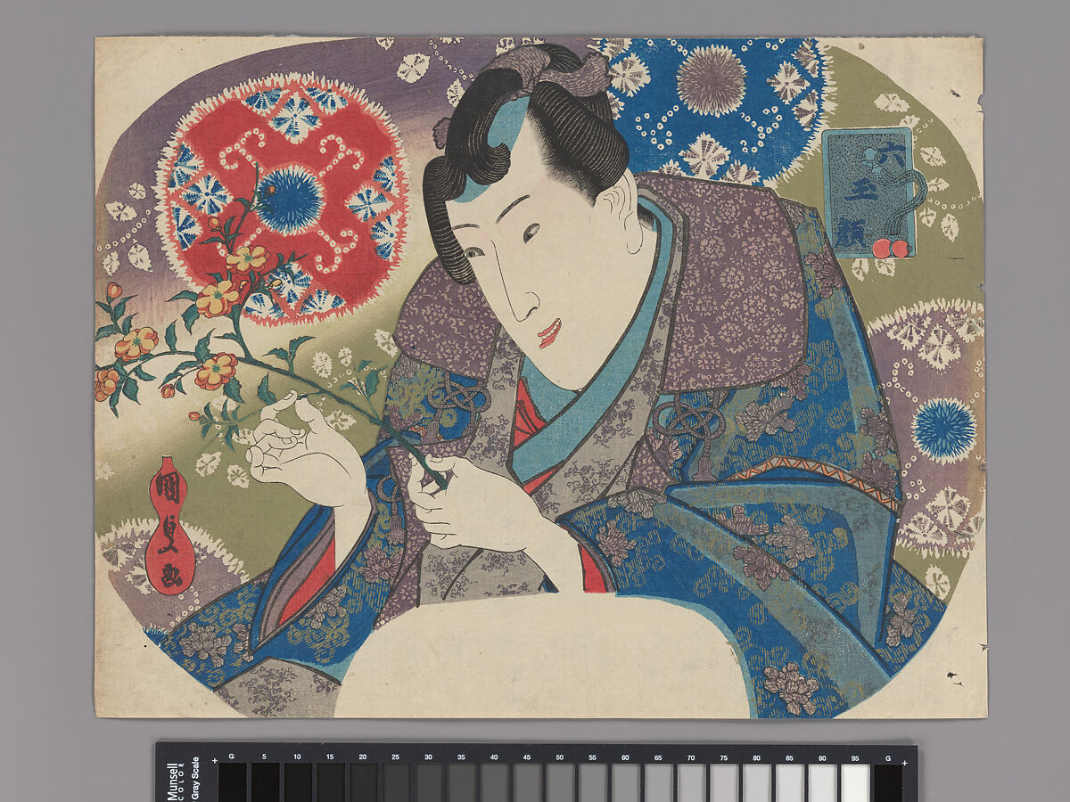 Mitsuuji with Mountain Roses (Yamabuki), from the series “Six Jewel Faces” (Mu tama-gao), Utagawa Kunisada (Japanese, 1786–1864), Uncut fan print; ink and color on paper, Japan