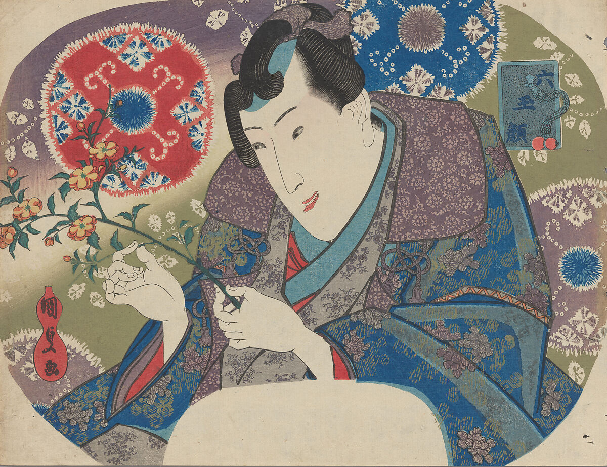 Mitsuuji with Mountain Roses (Yamabuki), from the series “Six Jewel Faces” (Mu tama-gao), Utagawa Kunisada (Japanese, 1786–1864), Uncut fan print; ink and color on paper, Japan 