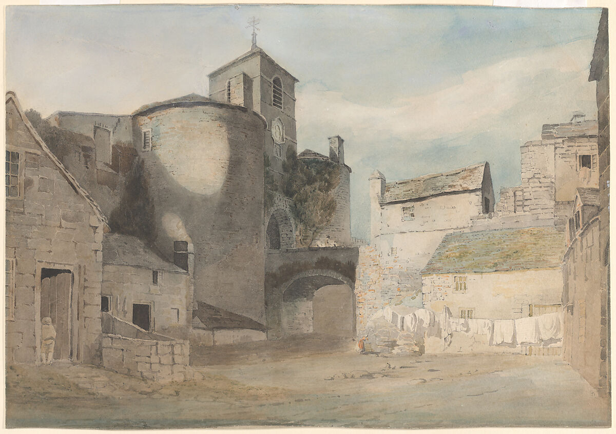 Fortified entrance to a Welsh town (East gate of Caernarvon), John Varley (British, London 1778–1842 London), Watercolor and graphite 