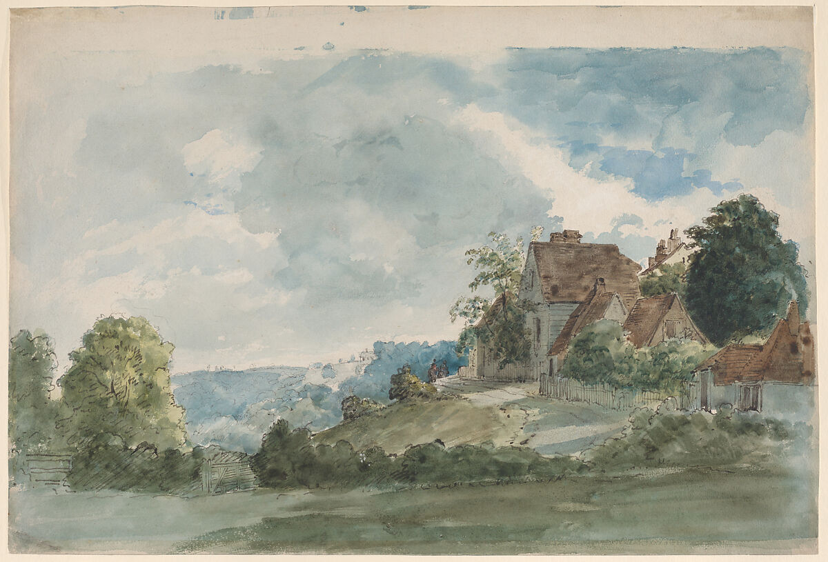 Cottages in an extensive landscape, William Henry Hunt (British, London 1790–1864 London), Reed pen, ink and watercolor over traces of graphite 