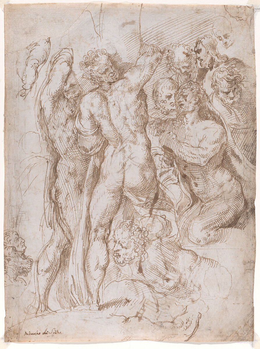 Study for Raising Lazarus ? (recto); Two Standing Men (verso), Stefano dall&#39; Arzere (Italian, active Padua, 1540–75), Pen and brown ink, with some brush and brown wash 