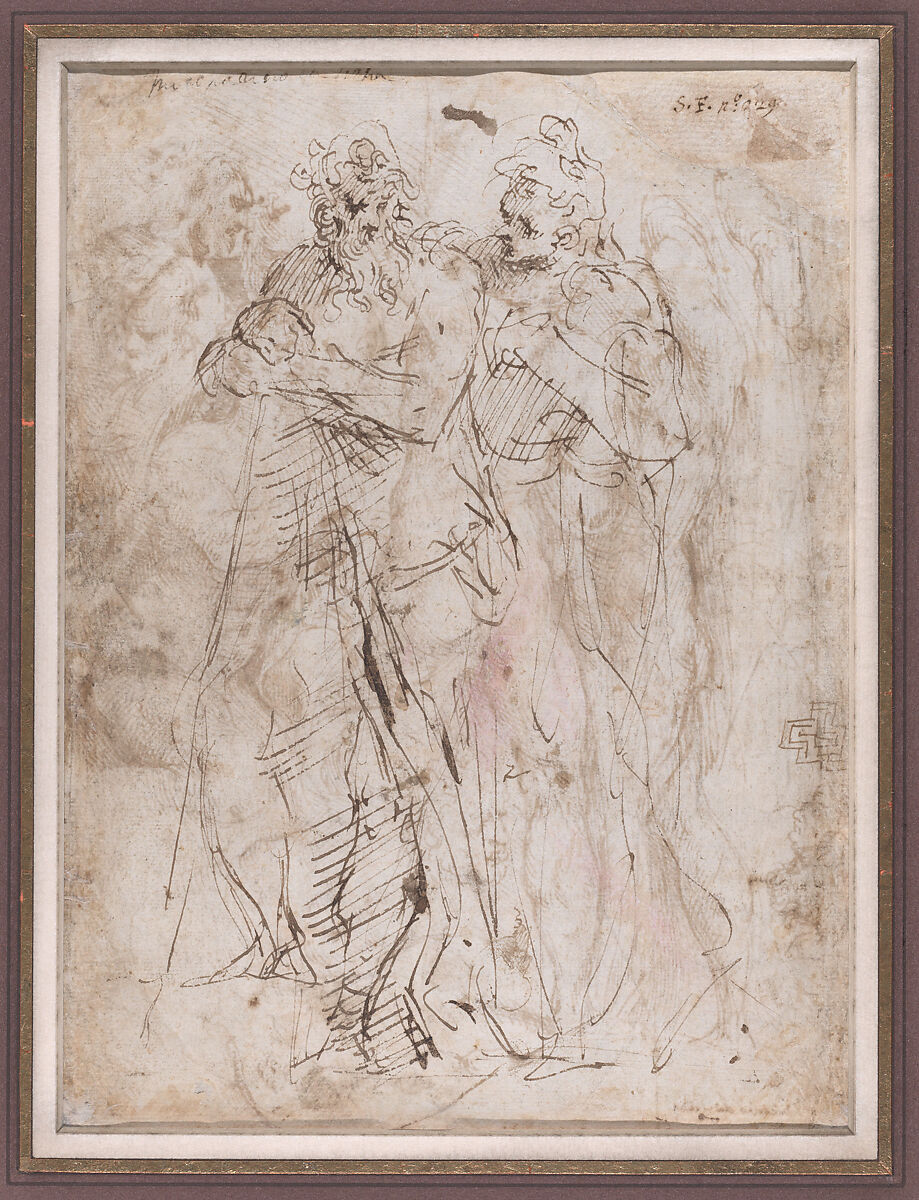 Study for Raising Lazarus ? (recto); Two Standing Men (verso), Stefano dall' Arzere (Italian, active Padua, 1540–75), Pen and brown ink, with some brush and brown wash