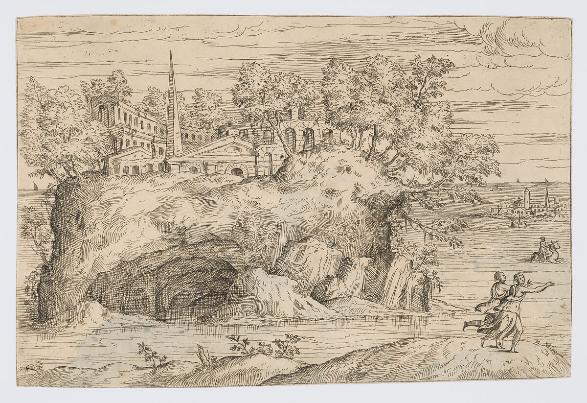 View of an Island with Antique Ruins (The Abduction of Europa), from: Imagini Favolose, Giovanni Battista Pittoni the Elder (Italian, Vicenza ca. 1520–ca. 1583 Venice (?)), Etching, state before initials; verso drawing in pen and ink with wash 