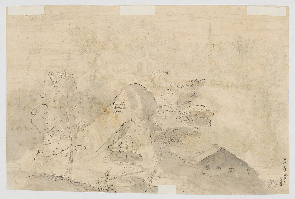 View of an Island with Antique Ruins (The Abduction of Europa), from: Imagini Favolose, Giovanni Battista Pittoni the Elder (Italian, Vicenza ca. 1520–ca. 1583 Venice (?)), Etching, state before initials; verso drawing in pen and ink with wash