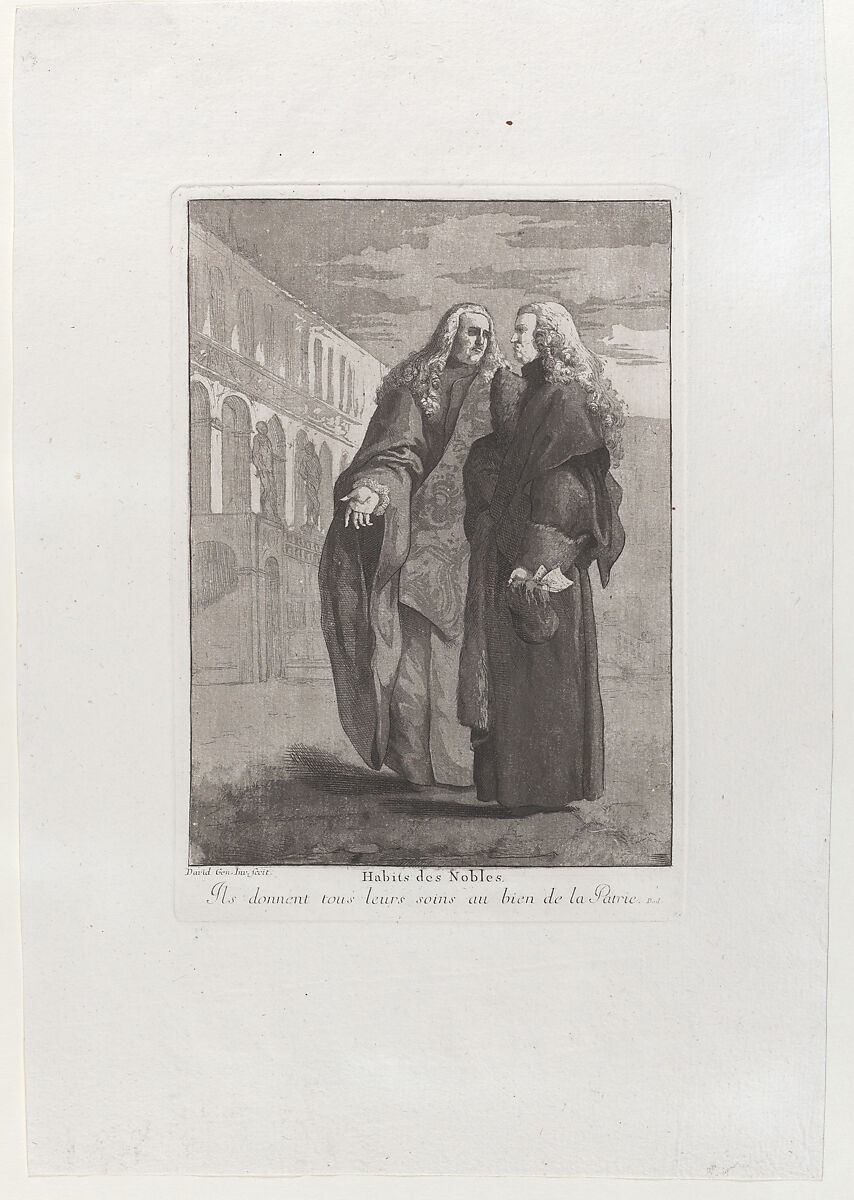 Two Venetian magistrates standing in front of the Palazzo Ducale, from the 'Divers portraits gravés à l'eau-forte et dediés à M.Dominique Corvi', Giovanni David (Italian, Cabella Ligure 1749–1790 Genoa), Etching and aquatint 