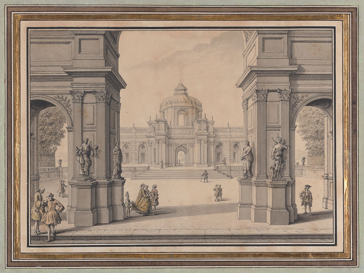Architectural Capriccio with a Palace seen through a Triumphal Arch, Louis Joseph Le Lorrain (French, Paris 1715–1759 Saint Petersburg), Pen and ink with wash 