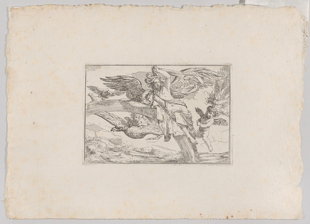 Air, represented by Iris reclining on her rainbow, accompanied by a winged putto bearing a torch and another winged putto riding an eagle, from "The Elements", Giulio Carpioni (Italian, Venice 1613–1678 Venice), Etching 
