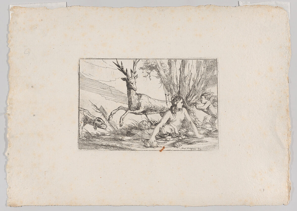Earth, represented by Cybele seated at the base of a tree with fruits of the earth spread before her, a cupid with a torch approaches from the right, a stag and hound look toward Cybele from the left, from "The Elements", Giulio Carpioni (Italian, Venice 1613–1678 Venice), Etching 