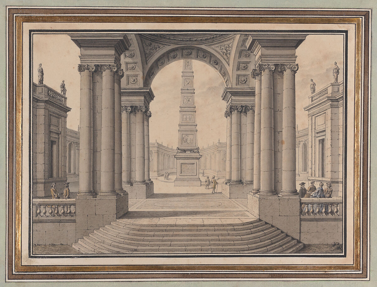 Architectural Capriccio with an Obelisk, Louis Joseph Le Lorrain (French, Paris 1715–1759 Saint Petersburg), Pen and ink with wash 