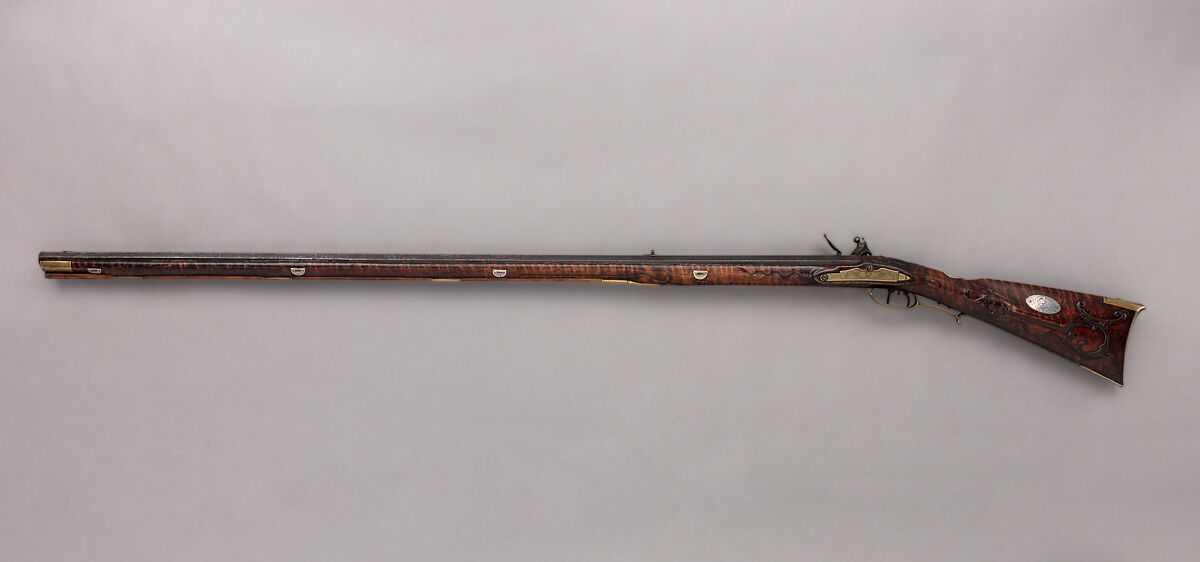 Flintlock Longrifle, George Schreyer, Sr. (American, Conewago, Pennsylvania 1739–1819 Hanover, Pennsylvania), Wood (maple), steel, iron, brass, silver, American, Pennsylvania, York County