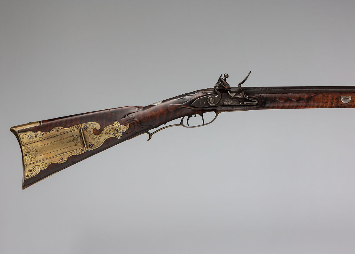 Flintlock Longrifle, George Schreyer, Sr. (American, Conewago, Pennsylvania 1739–1819 Hanover, Pennsylvania), Wood (maple), steel, iron, brass, silver, American, Pennsylvania, York County 