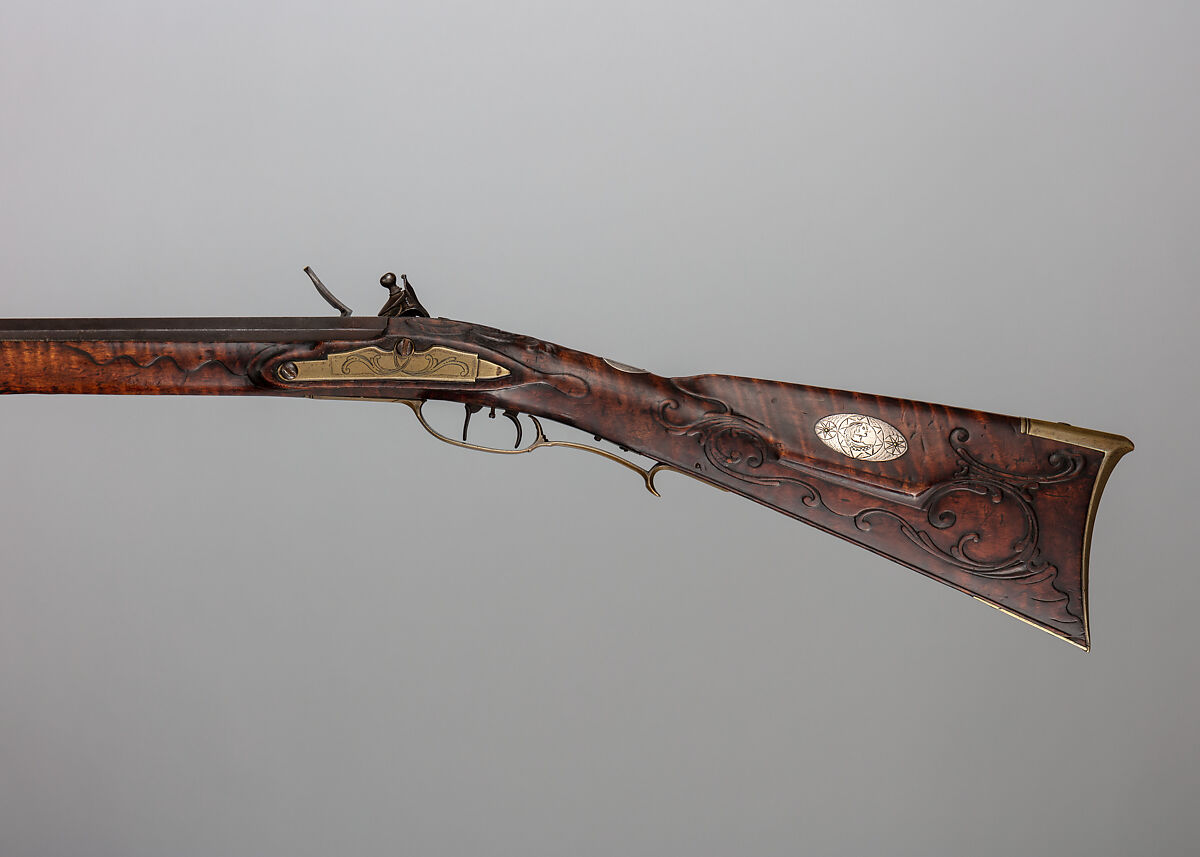 Flintlock Longrifle, George Schreyer, Sr. (American, Conewago, Pennsylvania 1739–1819 Hanover, Pennsylvania), Wood (maple), steel, iron, brass, silver, American, Pennsylvania, York County