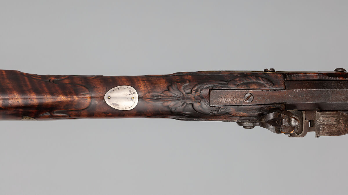 Flintlock Longrifle, George Schreyer, Sr. (American, Conewago, Pennsylvania 1739–1819 Hanover, Pennsylvania), Wood (maple), steel, iron, brass, silver, American, Pennsylvania, York County