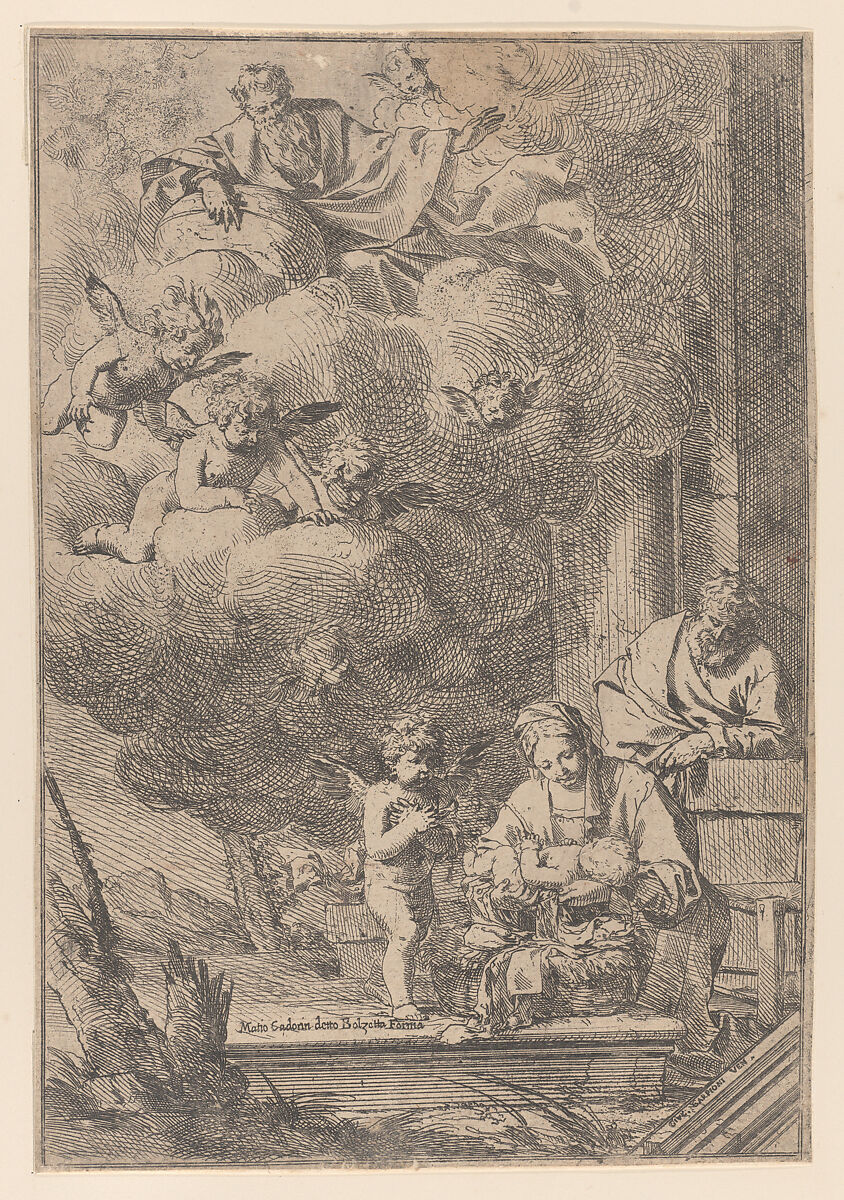 The Holy Family with the Virgin holding Christ over the cradle, Giulio Carpioni (Italian, Venice 1613–1678 Venice), Etching; second state of two 