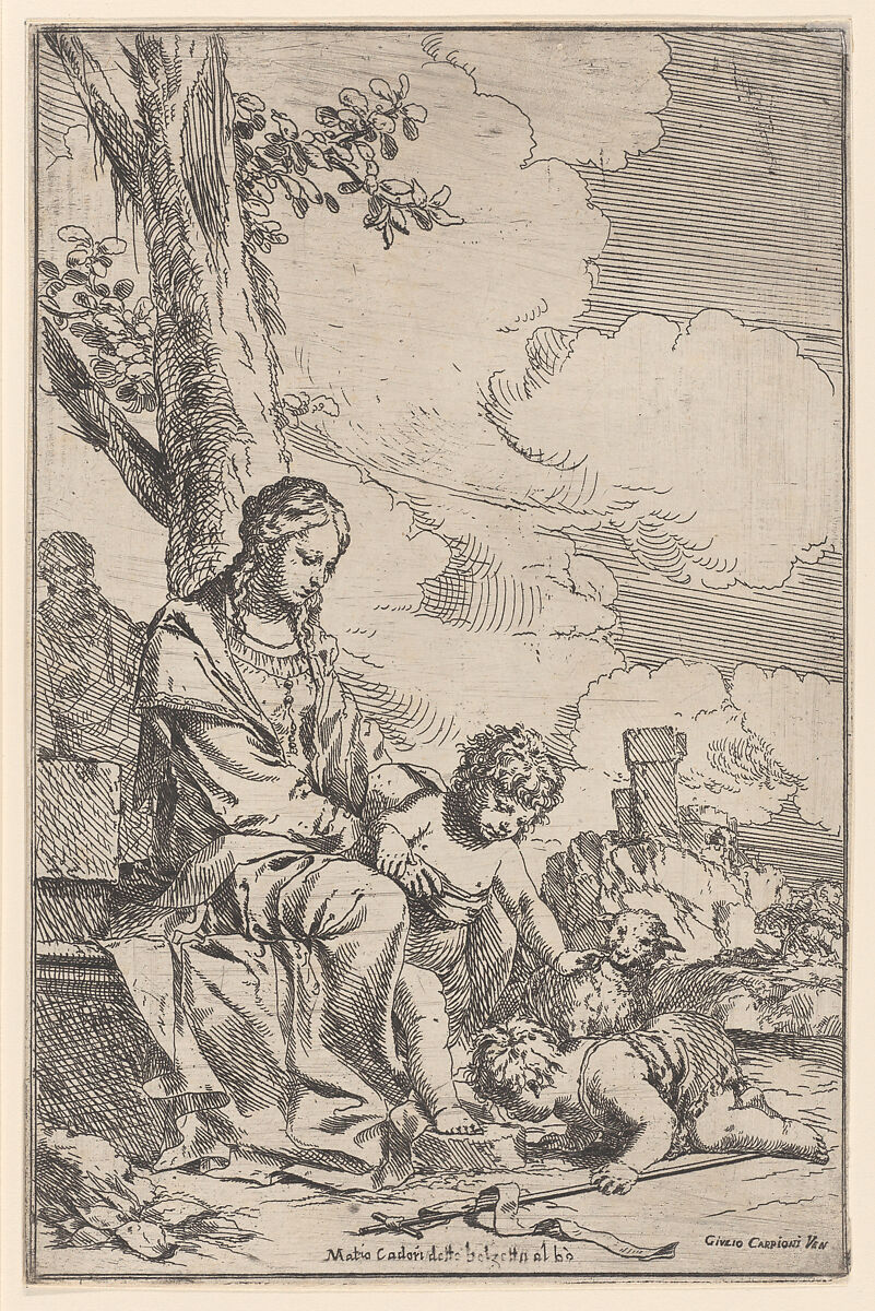 The Holy Family with the infant Saint John kissing Christ's feet, Giulio Carpioni (Italian, Venice 1613–1678 Venice), Etching; second state of two 