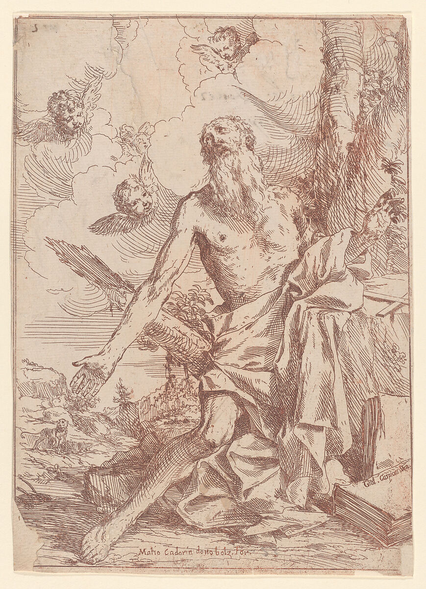 Saint Jerome kneeling beside a tree with his arms outstretched, Giulio Carpioni (Italian, Venice 1613–1678 Venice), Etching in brown ink; second state of two 