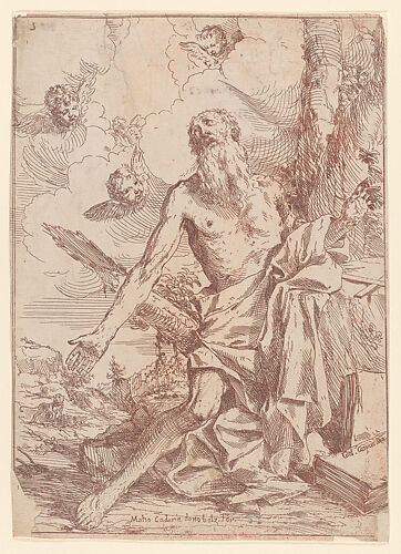 Saint Jerome kneeling beside a tree with his arms outstretched