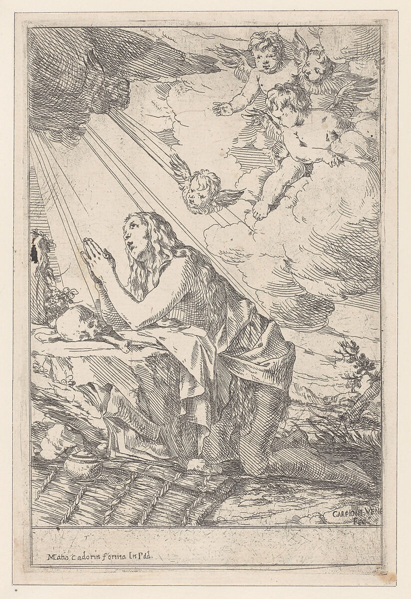 The Penitent Saint Mary Magdalene, kneeling before a skull and bones, Giulio Carpioni (Italian, Venice 1613–1678 Venice), Etching; second state of two 