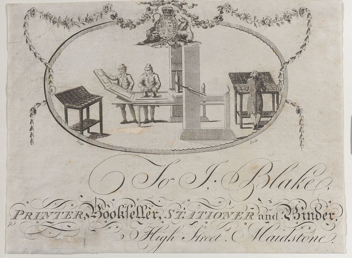 Trade card for Jo J. Blake, printer, bookseller, stationer, and binder, Anonymous, British, 18th century, Engraving 