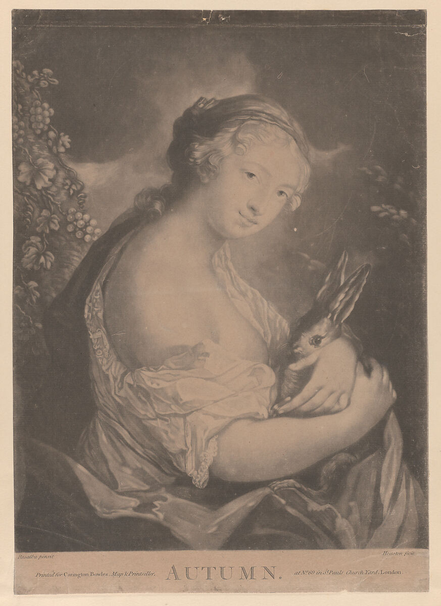 Autumn: a young woman holding a rabbit, Richard Houston (Irish, Dublin 1721/22–1775 London), Mezzotint 