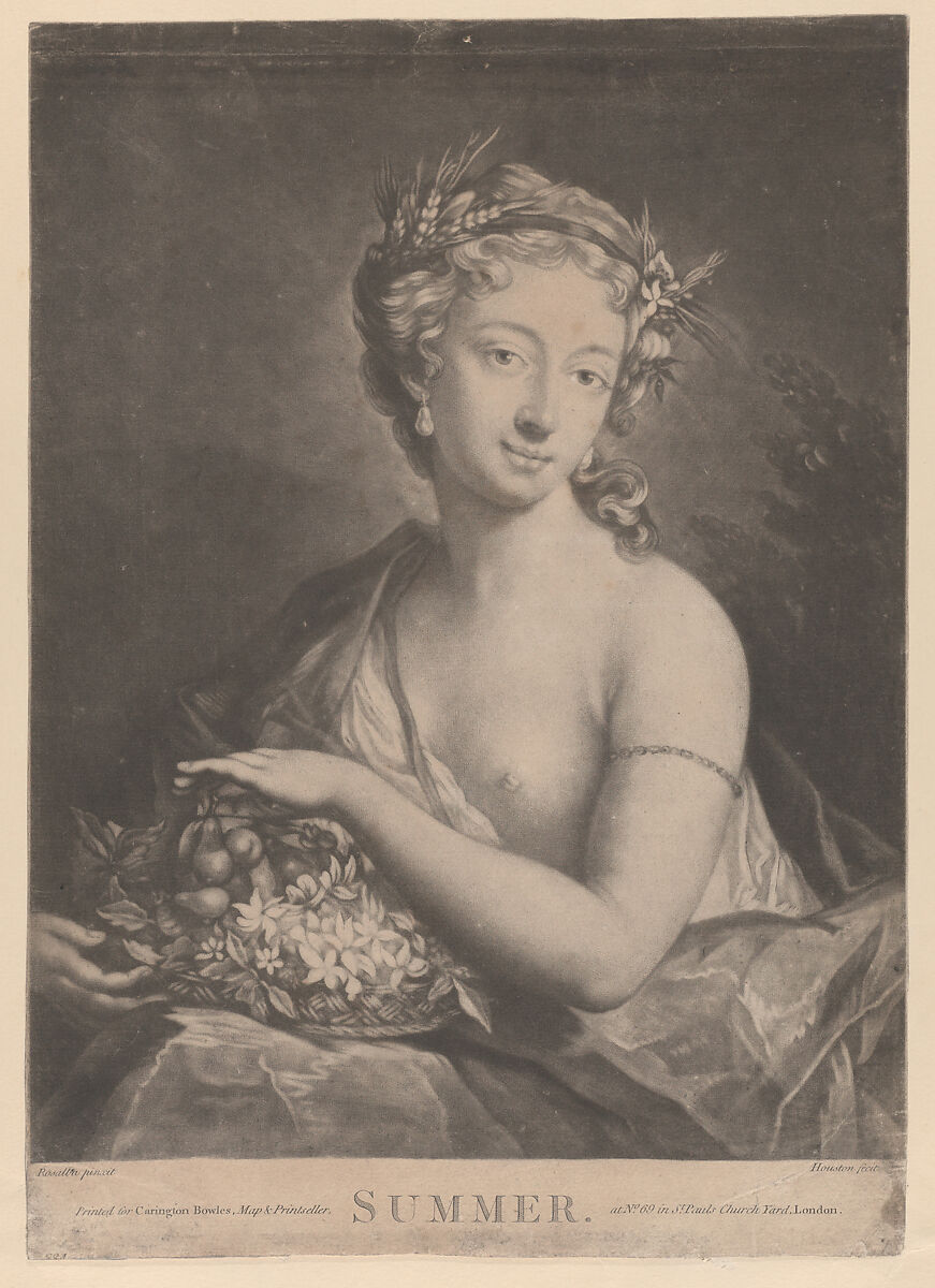 Summer: a woman holding a basket of flowers and fruit, Richard Houston (Irish, Dublin 1721/22–1775 London), Mezzotint 