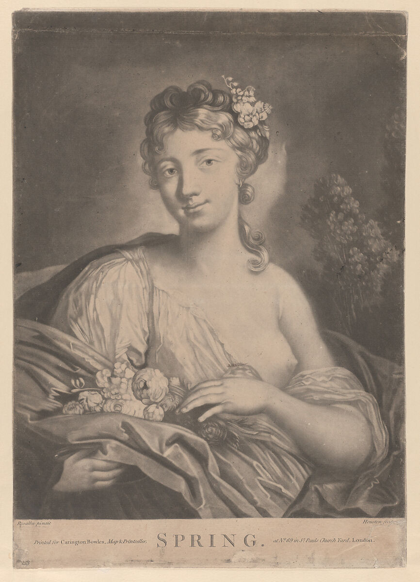 Spring: a young woman holding flowers in her cloak, Richard Houston (Irish, Dublin 1721/22–1775 London), Mezzotint 