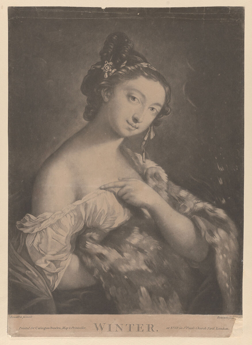 Winter: a woman holding a spotted fur mantle, Richard Houston (Irish, Dublin 1721/22–1775 London), Mezzotint 