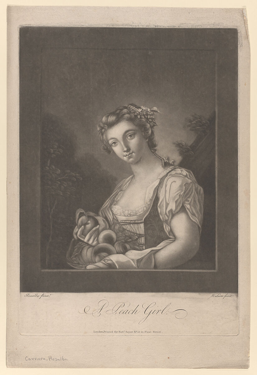 A Peach Girl: a woman carrying peaches in her apron and holding up one, James Wilson (British, ca. 1735–after 1786), Mezzotint 