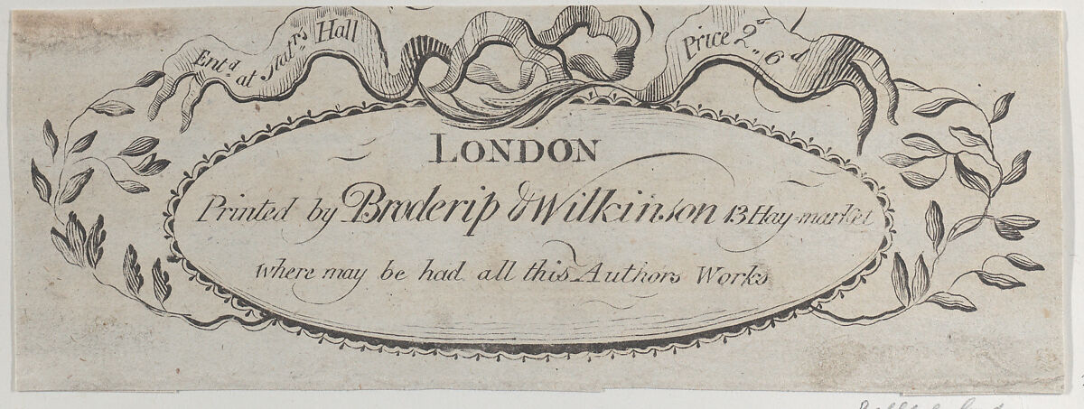 Trade card for Broderip & Wilkinson, music sellers and musical instrument makers, Anonymous, British, 18th century, Engraving 