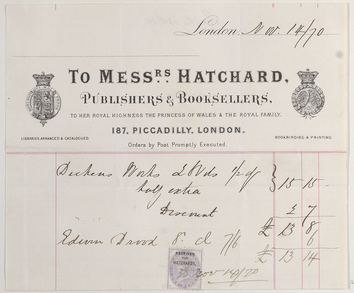 Trade card for Messrs. Hatchard, publishers and booksellers, Anonymous, British, 19th century, Commercial lithograph 