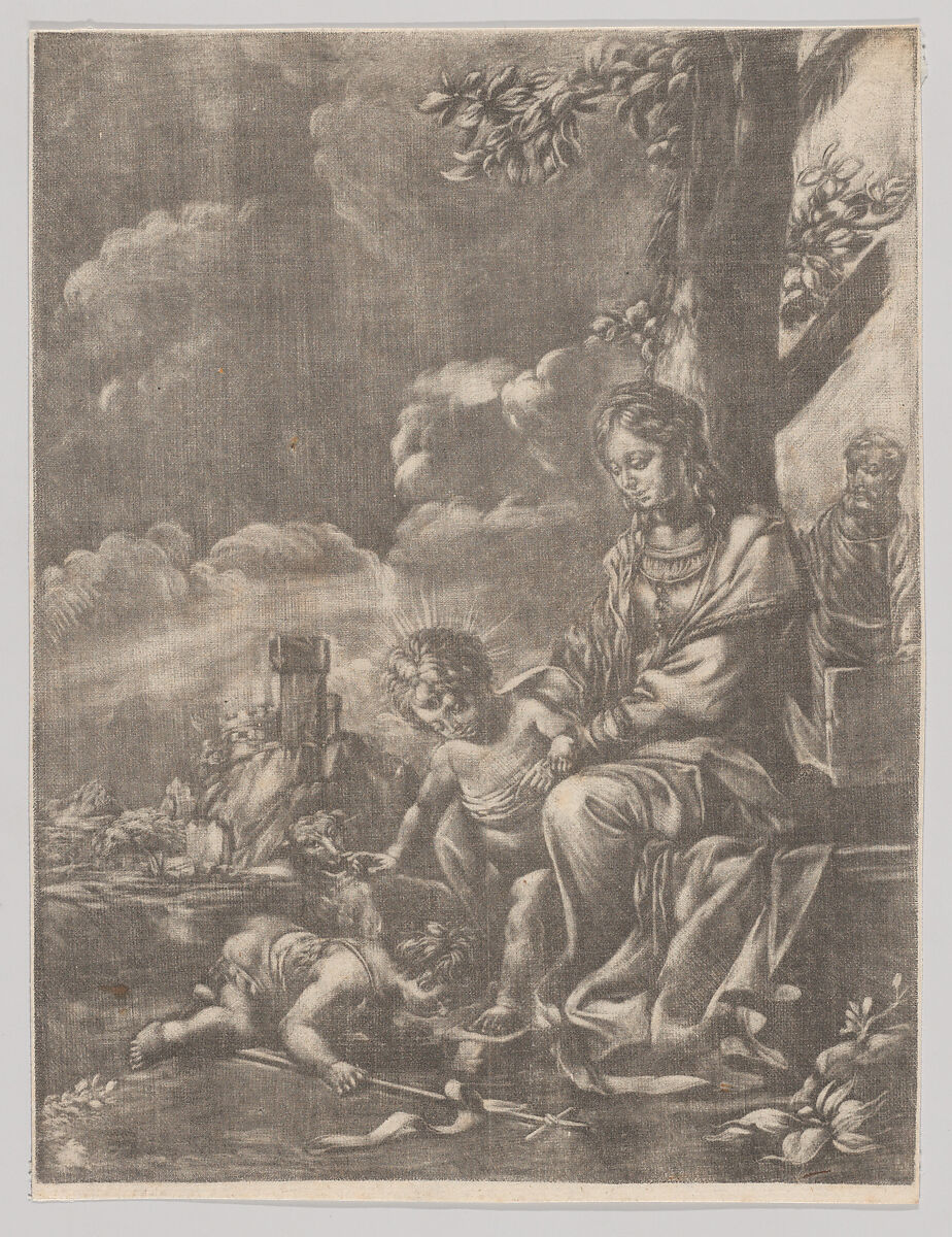 The Holy Family with the infant Saint John kissing Christ's feet, Anonymous, Mezzotint; reverse copy 