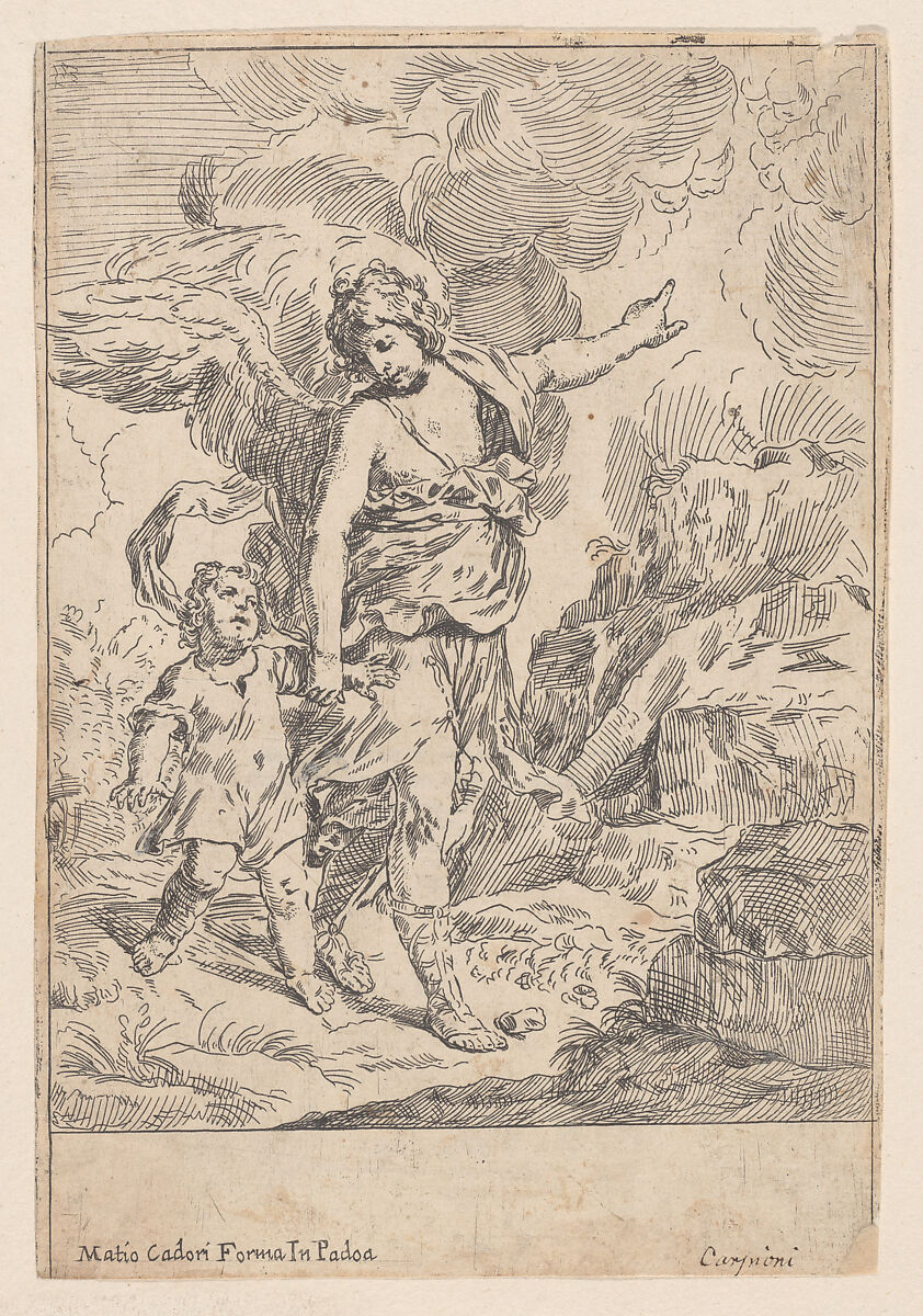 A guardian angel walking hand in hand with a young child, Giulio Carpioni (Italian, Venice 1613–1678 Venice), Etching 