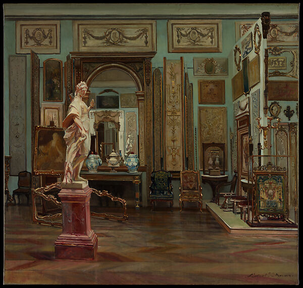 Interior view of the Hoentschel Collection at 58 Boulevard Flandrin, Paris, Léopold Stevens (French, 1866–1935), Oil on canvas; mounted on a carved wood stretcher and framed with carved gilt wood Louis XV frame, French, Paris 