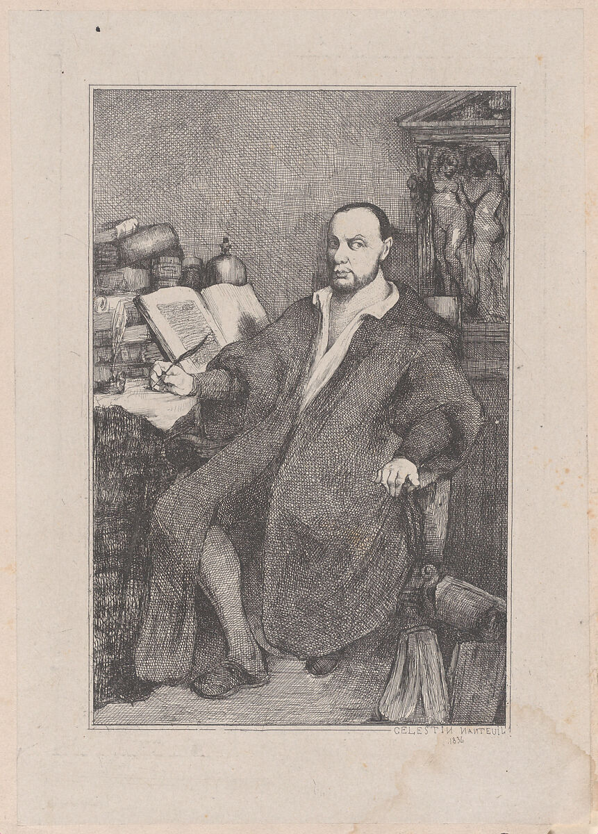 Seated Man with Quill in his Right Hand at Desk Littered with Books, Célestin Nanteuil (French (born Italy), Rome 1813–1873 Bourron-Marlotte), Etching 
