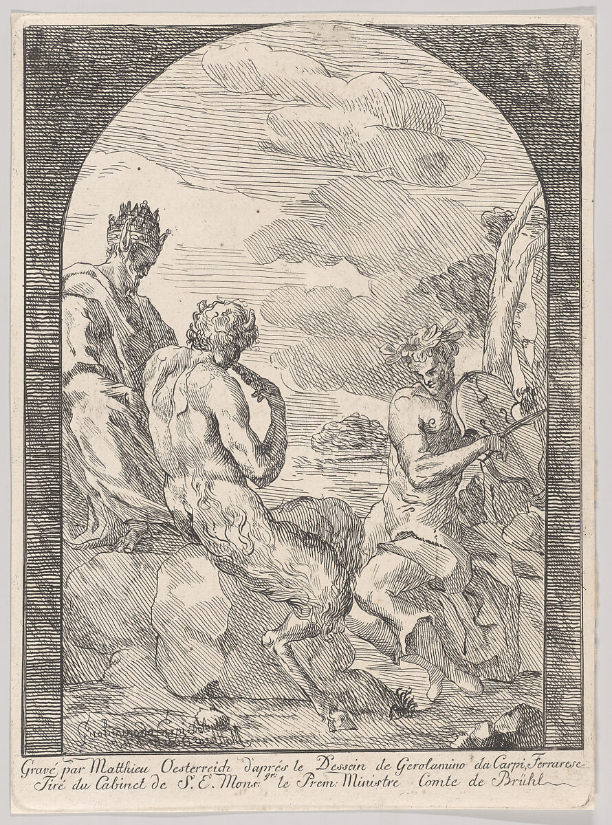 Contest between Apollo and Marsyas, Girolamo da Carpi (Girolamo Sellari) (Italian, Ferrara 1501–1556 Ferrara), Etching 