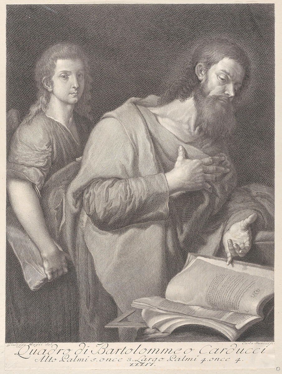 Saint Matthew, standing before a book at right with a hand on his chest, another man behind him at left, Carlo Faucci (Italian, 1729–ca. 1784), Engraving 