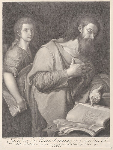 Saint Matthew, standing before a book at right with a hand on his chest, another man behind him at left