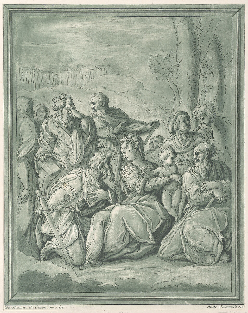 Virgin and child surrounded by figures, Andrea Scacciati (Italian, 1725–1771), Etching with sulphur tone printed in green ink 