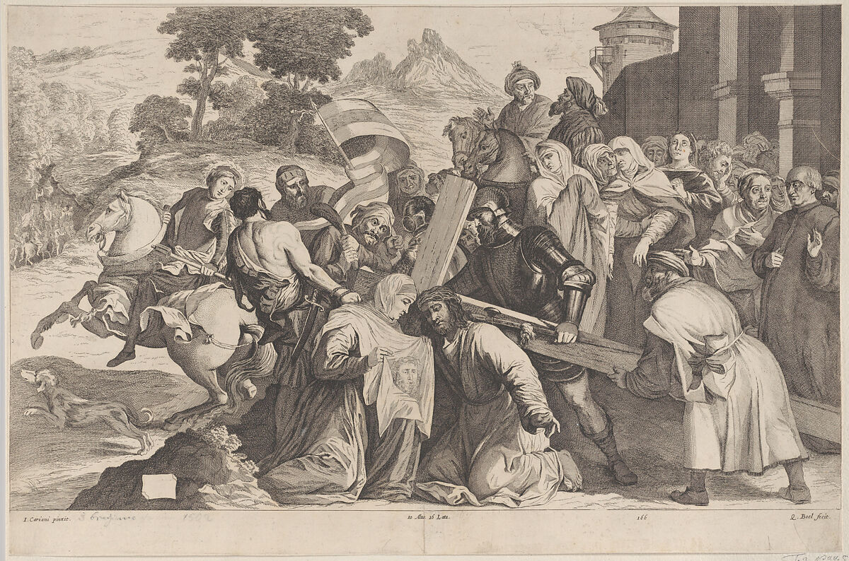 Road to Calvary, at center Veronica kneels before Christ and holding the Sudarium, Coryn Boel (Dutch, Antwerp ca. 1622–1668 Brussels), Etching 