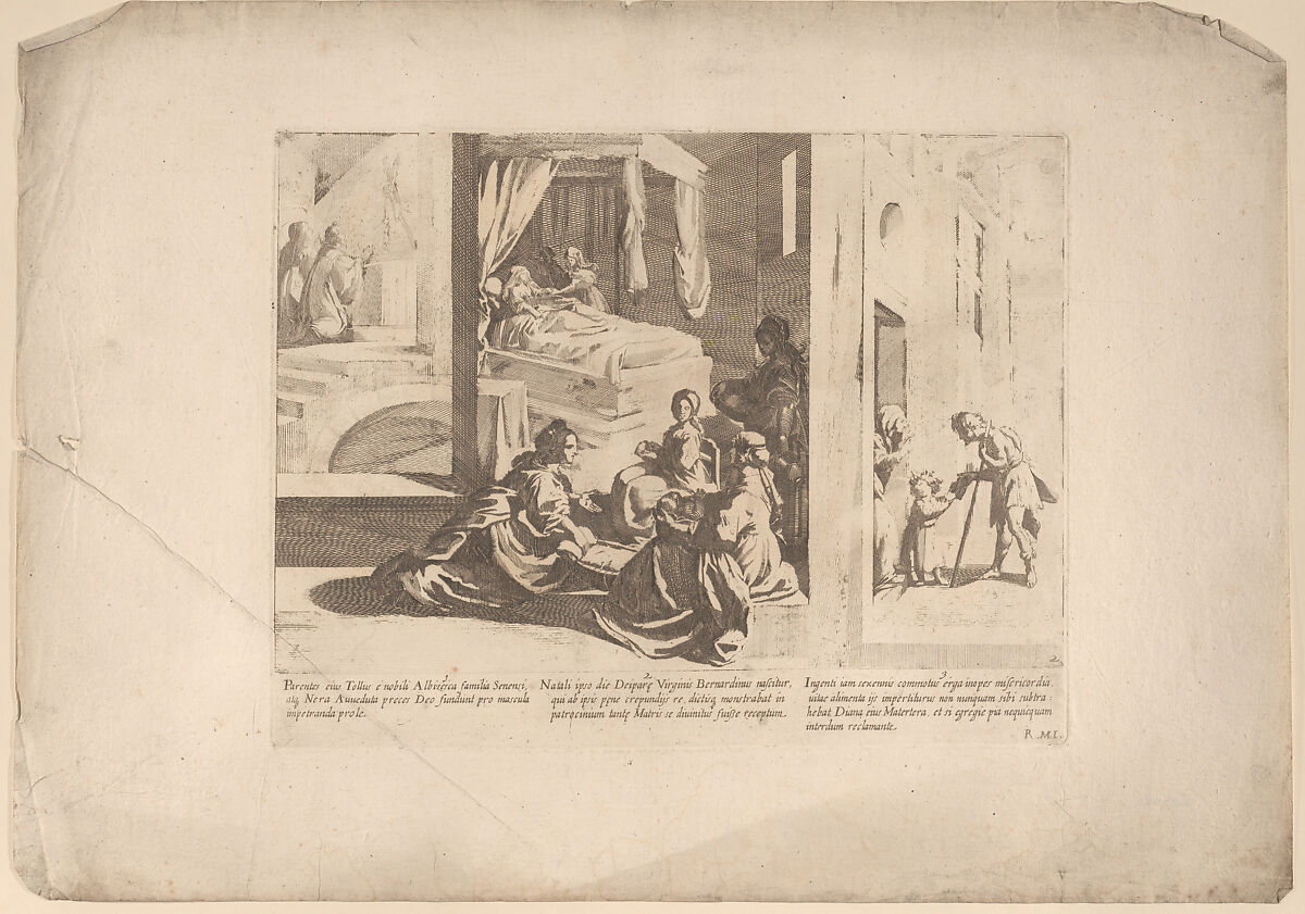 Episode 1: Saint Bernardino's parents pray to God for a son; Episode 2: The Birth of Saint Bernardino; Episode 3: The Young Saint Bernardino performs an act of mercy, from "The Life of Saint Bernardino of Siena", Bernardino Capitelli (Italian, Siena, 1590–1639), Etching 